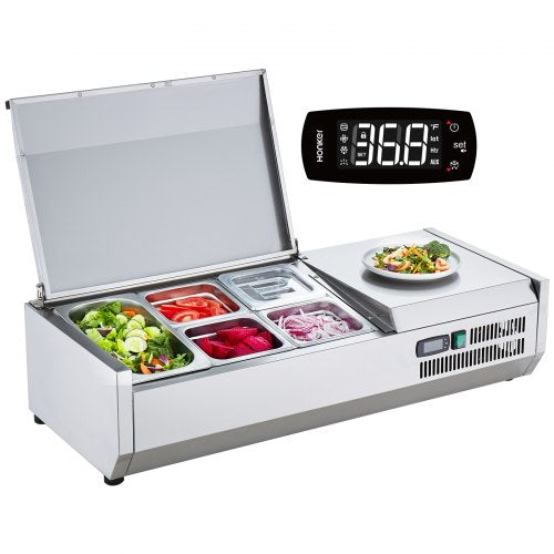 Refrigerated Condiment Prep Station, 140 W Countertop Refrigerated Condiment Station, with 1 1/3 Pan & 4 1/6 Pans, 304 Stainless Body and PC Lid, Sandwich Prep Table with Stainless Guard, CE