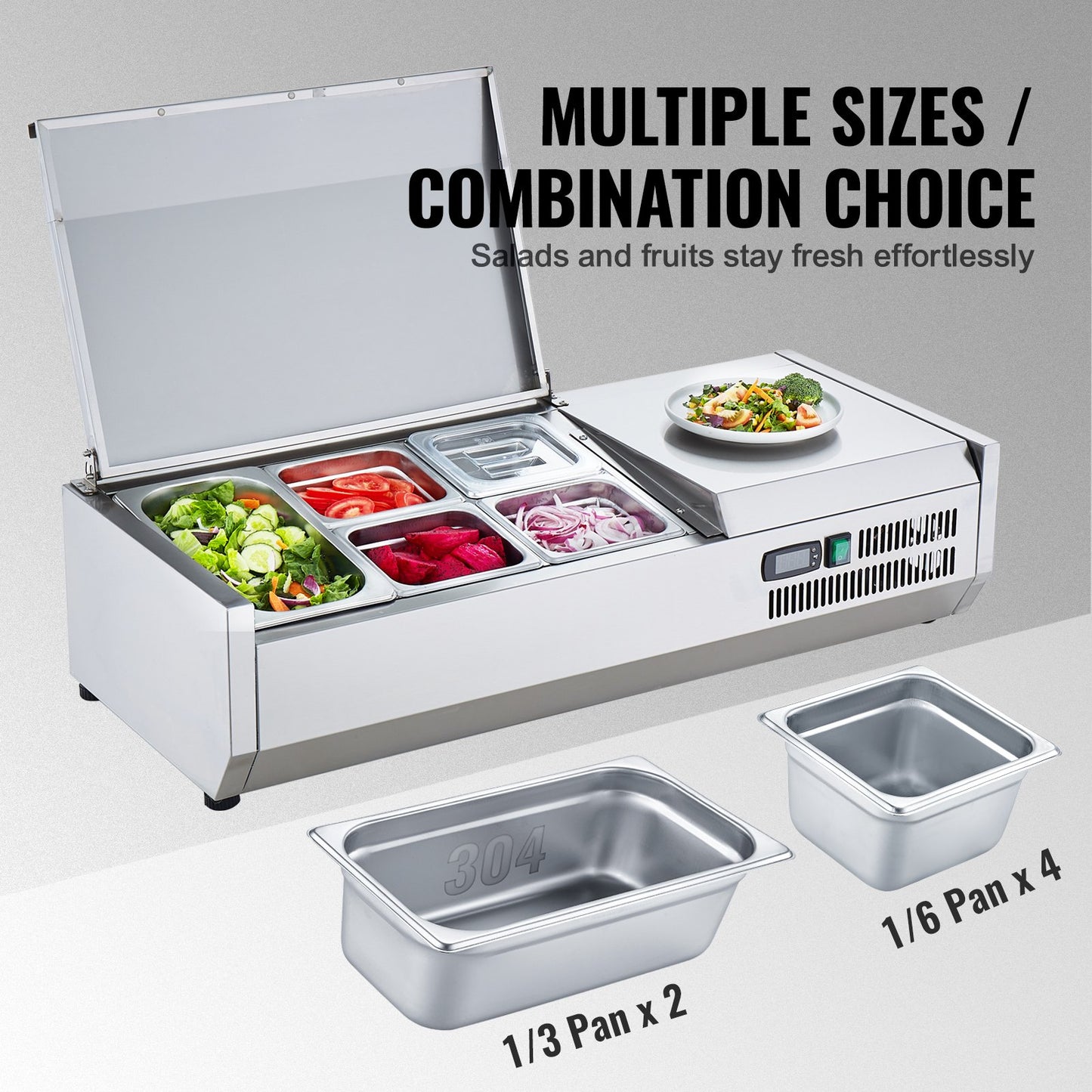 Refrigerated Condiment Prep Station, 140 W Countertop Refrigerated Condiment Station, with 1 1/3 Pan & 4 1/6 Pans, 304 Stainless Body and PC Lid, Sandwich Prep Table with Stainless Guard, CE