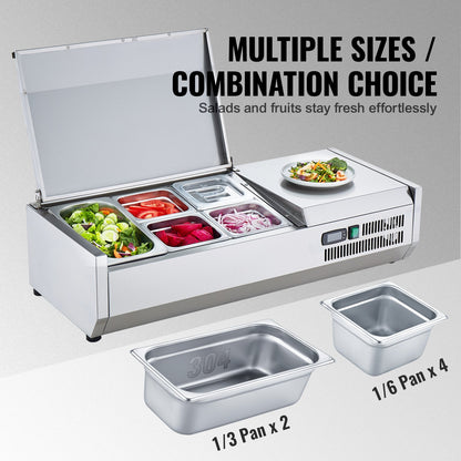 Refrigerated Condiment Prep Station, 140 W Countertop Refrigerated Condiment Station, with 1 1/3 Pan & 4 1/6 Pans, 304 Stainless Body and PC Lid, Sandwich Prep Table with Stainless Guard, CE
