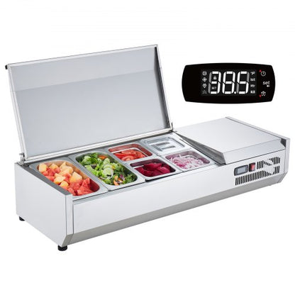 Refrigerated Condiment Prep Station, 140 W Countertop Refrigerated Condiment Station, with 2 1/3 Pans & 4 1/6 Pans, 304 Stainless Body and PC Lid, Sandwich Prep Table with Stainless Guard, CE