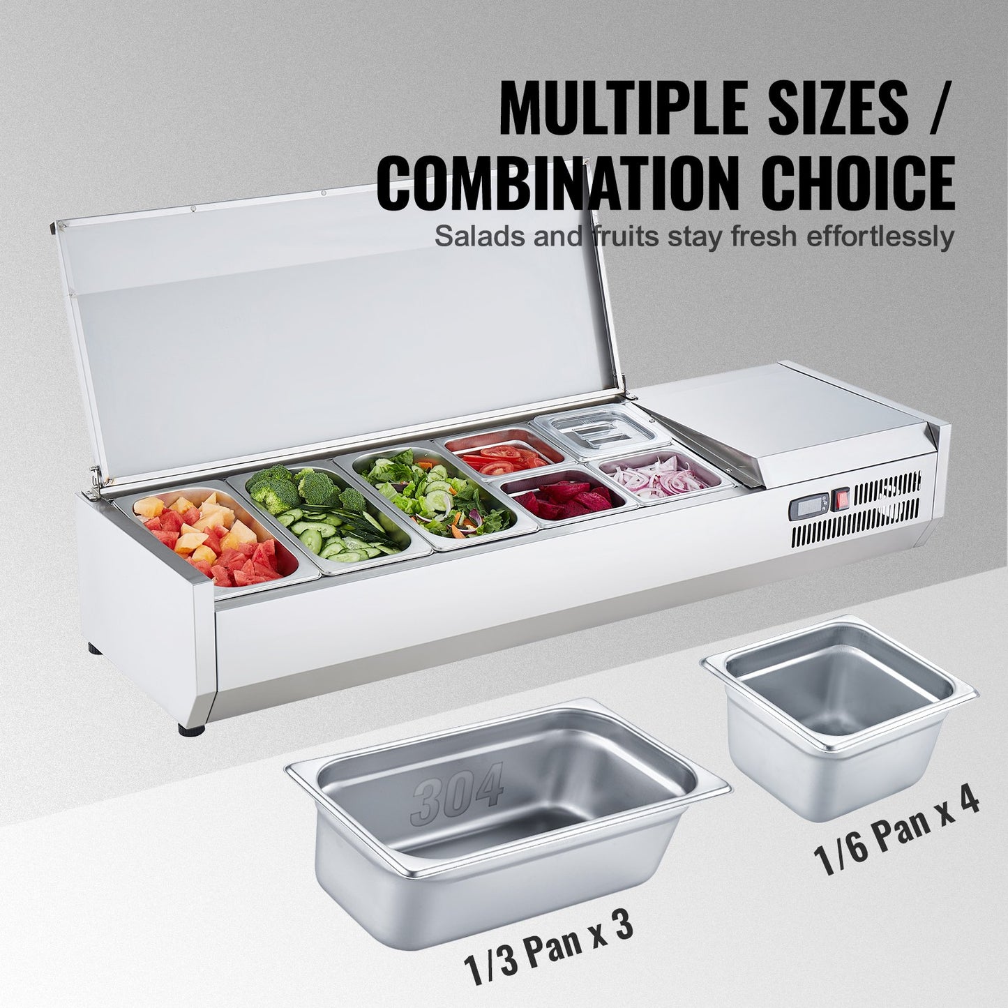 Refrigerated Condiment Prep Station, 150 W Countertop Refrigerated Condiment Station, with 3 1/3 Pans & 4 1/6 Pans, 304 Stainless Body and PC Lid, Sandwich Prep Table with Stainless Guard, CE