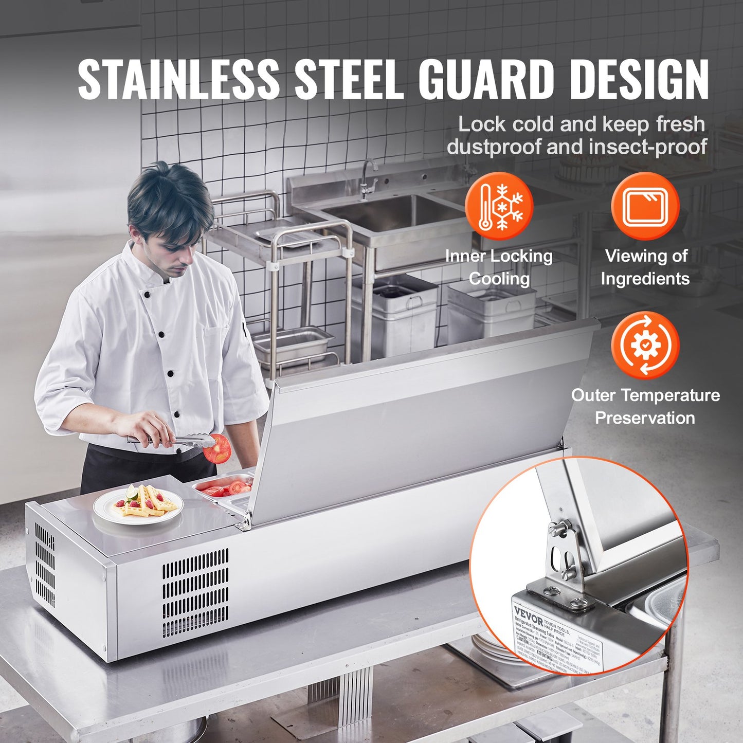 Refrigerated Condiment Prep Station, 150 W Countertop Refrigerated Condiment Station, with 3 1/3 Pans & 4 1/6 Pans, 304 Stainless Body and PC Lid, Sandwich Prep Table with Stainless Guard, CE