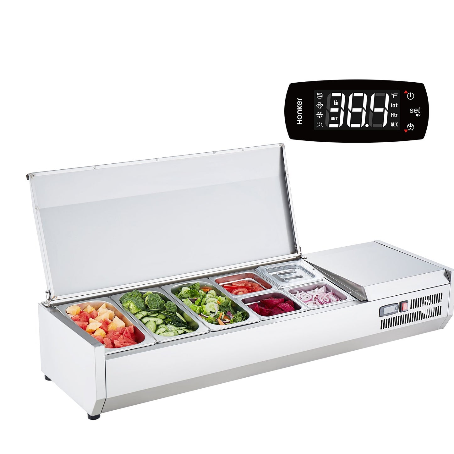 Refrigerated Condiment Prep Station, 150 W Countertop Refrigerated Condiment Station, with 3 1/3 Pans & 4 1/6 Pans, 304 Stainless Body and PC Lid, Sandwich Prep Table with Stainless Guard, CE