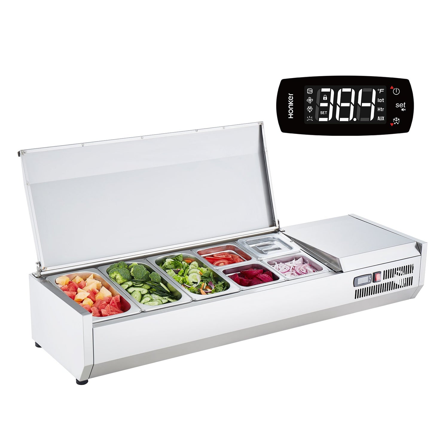 Refrigerated Condiment Prep Station, 150 W Countertop Refrigerated Condiment Station, with 3 1/3 Pans & 4 1/6 Pans, 304 Stainless Body and PC Lid, Sandwich Prep Table with Stainless Guard, CE