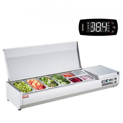 Refrigerated Condiment Prep Station, 155 W Countertop Refrigerated Condiment Station, with 4 1/3 Pans & 4 1/6 Pans, 304 Stainless Body and PC Lid, Sandwich Prep Table with Stainless Guard, CE