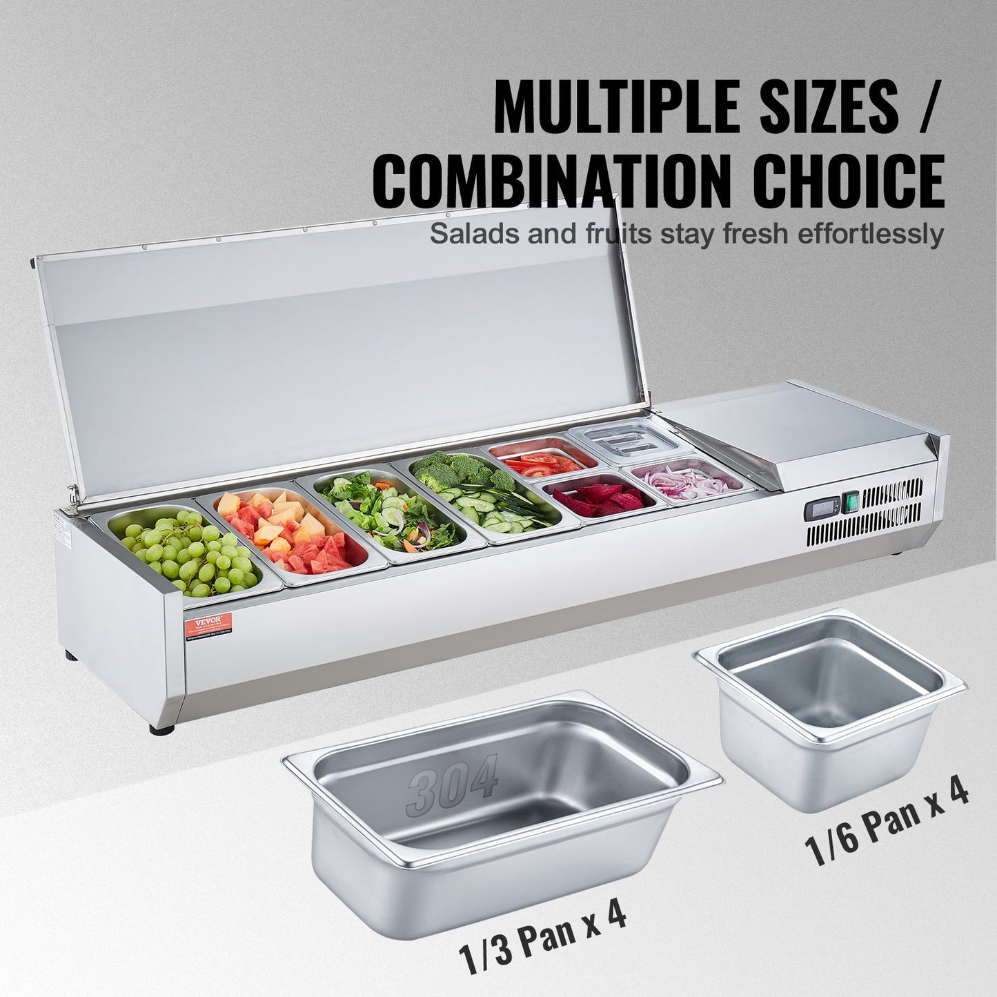 Refrigerated Condiment Prep Station, 155 W Countertop Refrigerated Condiment Station, with 4 1/3 Pans & 4 1/6 Pans, 304 Stainless Body and PC Lid, Sandwich Prep Table with Stainless Guard, CE