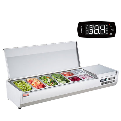 Refrigerated Condiment Prep Station, 155 W Countertop Refrigerated Condiment Station, with 4 1/3 Pans & 4 1/6 Pans, 304 Stainless Body and PC Lid, Sandwich Prep Table with Stainless Guard, CE