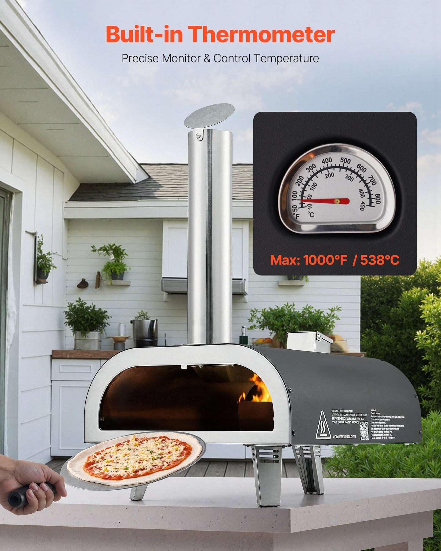 Outdoor Pizza Oven, 12 Inch Wood Fired Pizza Ovens, Pellet Pizza-Stove with Thermometer, Portable Pizza-Maker for Outside Backyard Patio Camping, Pizza-Stone, Carry Bag, Shovel, Black
