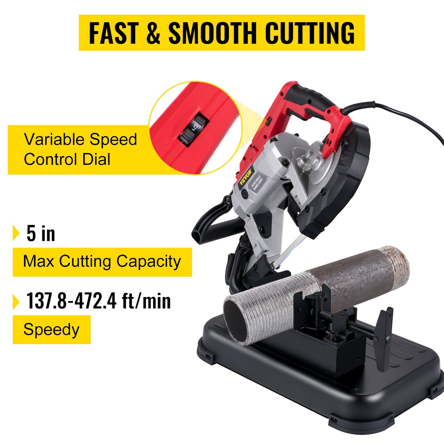 Portable Band Saw, 127 mm x 127 mm Cutting Depth with Removable Alloy Steel Base Cordless Band Saw, Hand held Band Saw,Variable Speed Portable Bandsaw, 10Amp Motor Deep Cut Band saw for Metal Wood