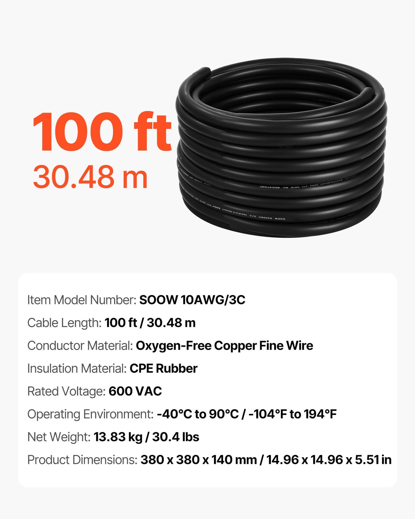 100 Fuß (30,48 m) 10AWG (6 mm²) Premium-Stromkabel, Kupfer-Verlängerungskabel