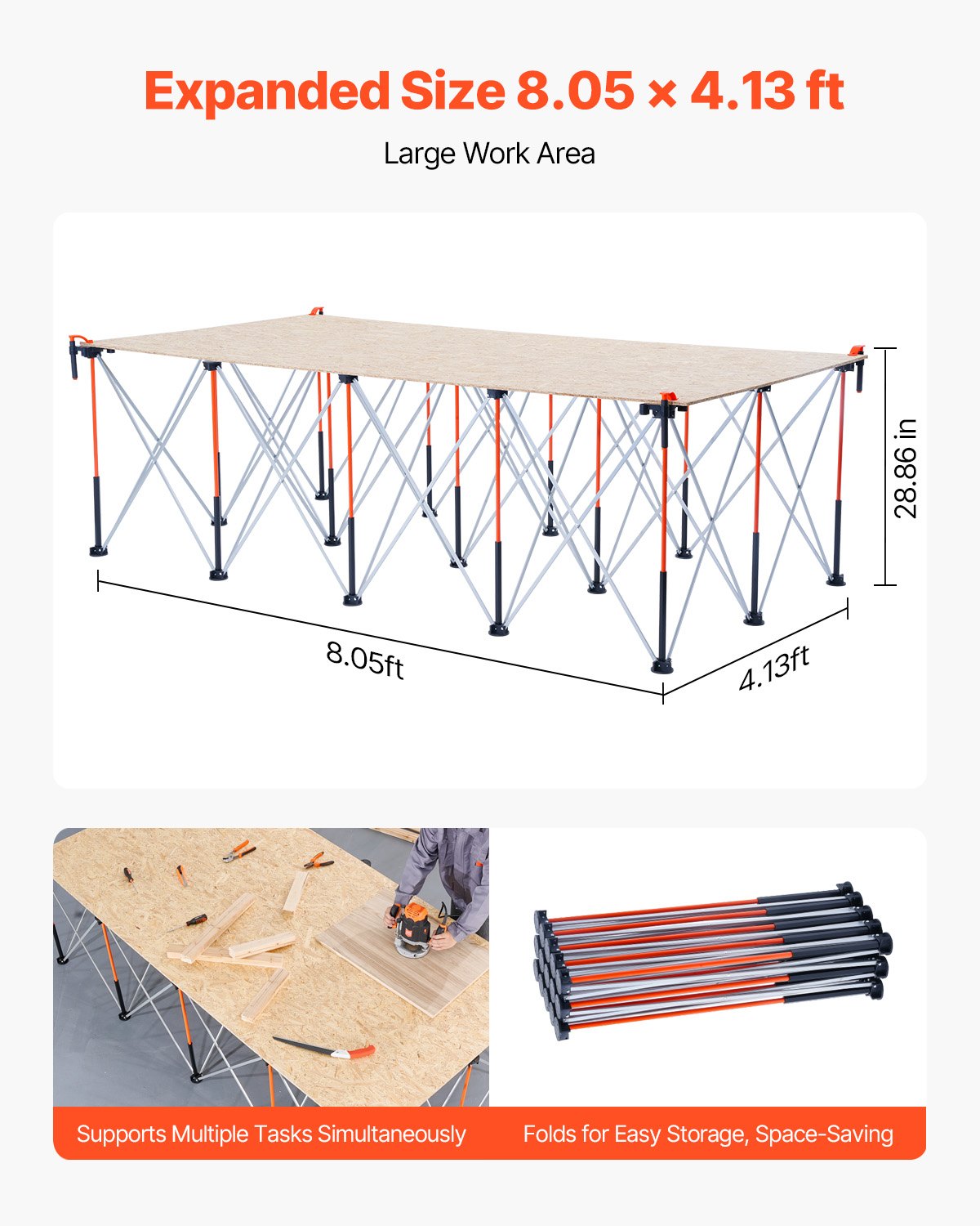 Portable Folding Workstand, 2455 x 1260 mm Collapsible Workbench, 2724 kg Weight Capacity, No Assembly Foldable Work Stand with Storage Bag, Table Top NOT Included, for Garage Workshop Outdoor