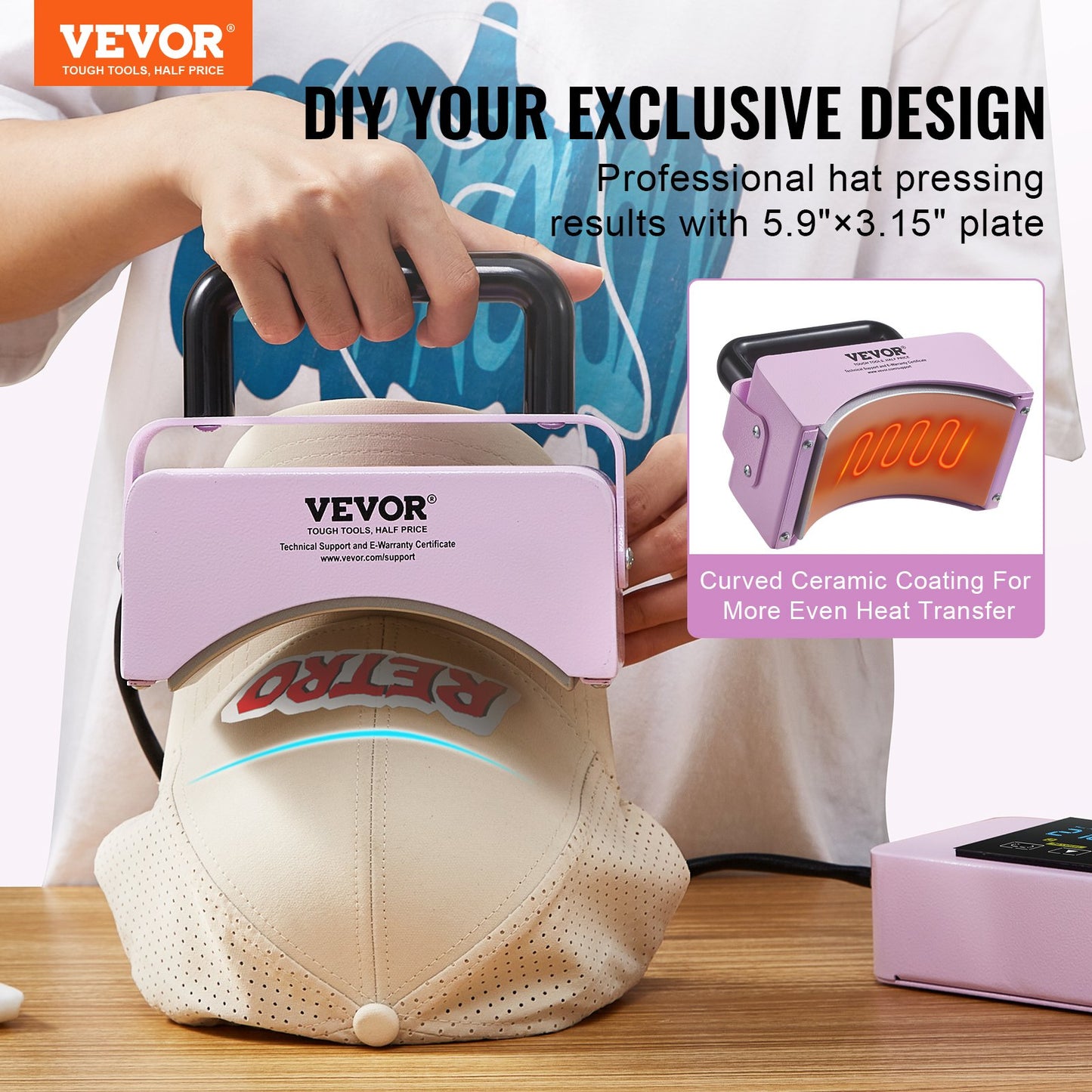 Mini-Hutpresse für Kappen mit integriertem Bedienfeld, inklusive 15 x 8 cm großer, gebogener Heizplatte, Sicherheitsfuß und Handschuh, automatischer Abschaltung, Lila