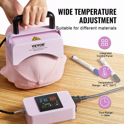 Mini-Hutpresse für Kappen mit integriertem Bedienfeld, inklusive 15 x 8 cm großer, gebogener Heizplatte, Sicherheitsfuß und Handschuh, automatischer Abschaltung, Lila