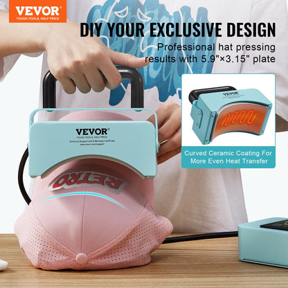 Mini-Hutpresse für Kappen mit integriertem Bedienfeld, inklusive 15 x 8 cm großer, gebogener Heizplatte, Sicherheitsfuß und Handschuh, automatischer Abschaltung, grün