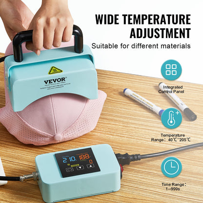 Mini-Hutpresse für Kappen mit integriertem Bedienfeld, inklusive 15 x 8 cm großer, gebogener Heizplatte, Sicherheitsfuß und Handschuh, automatischer Abschaltung, grün