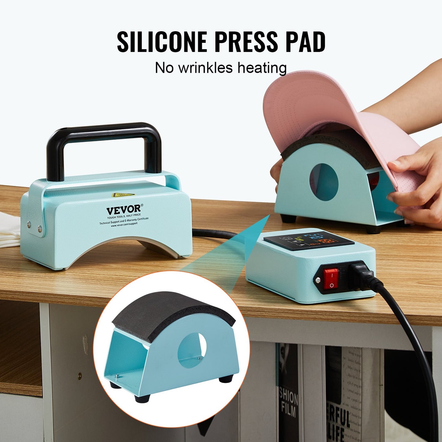 Mini-Hutpresse für Kappen mit integriertem Bedienfeld, inklusive 15 x 8 cm großer, gebogener Heizplatte, Sicherheitsfuß und Handschuh, automatischer Abschaltung, grün