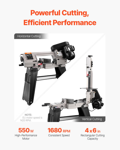 Metal Horizontal Band Saw, 102 x 152 mm(4 in x 6 in) Rectangular Cutting Capacity, 220V Metal Vertical Cutting Bandsaw with 550W Motor, 0-45° Angle Adjustment, Variable Speed, for Metal, Wood, and Plastic
