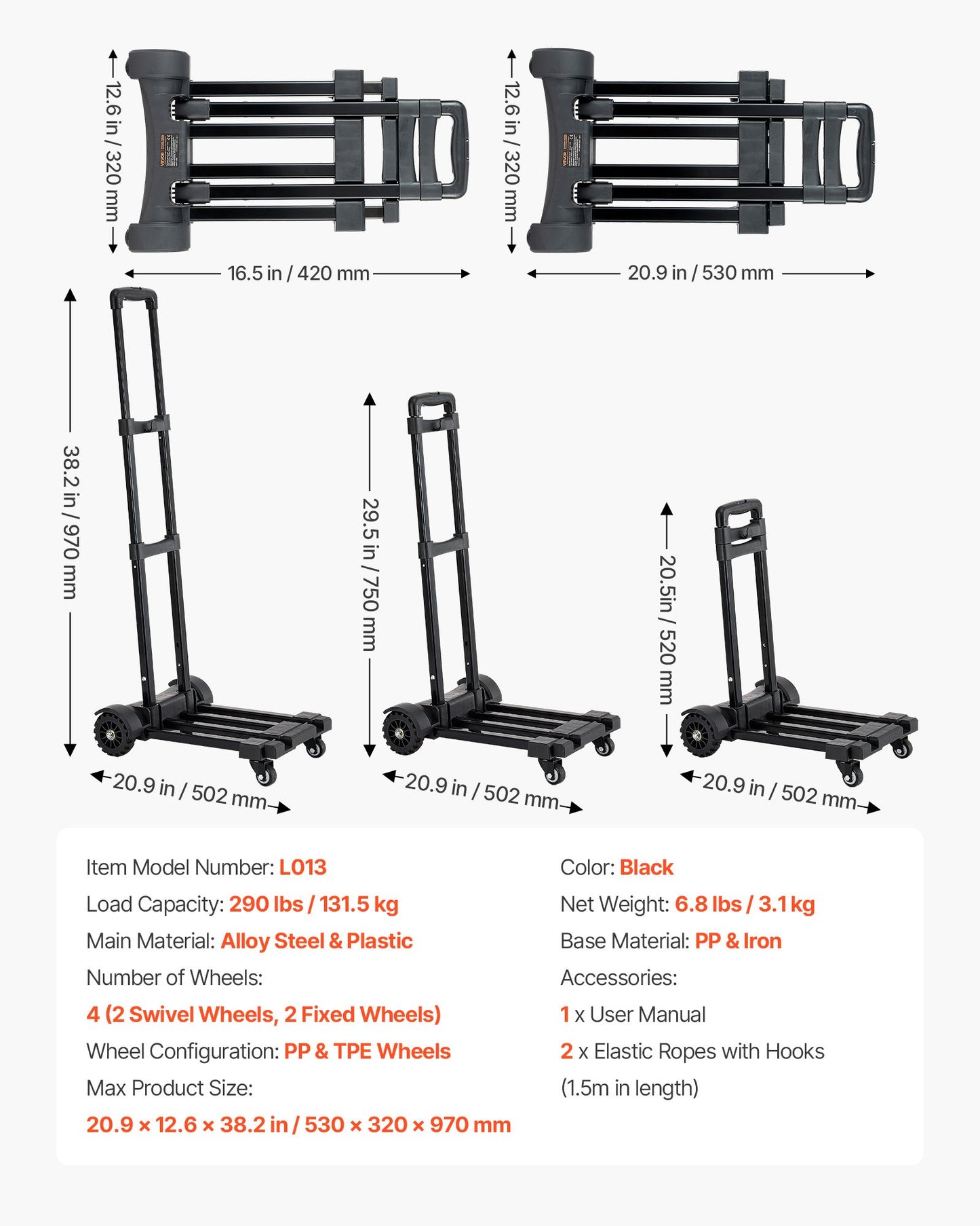 Folding Hand Truck, 131.5 kg Load Capacity, Collapsible Luggage Cart with 4 Wheels, 2 Elastic Ropes & Expandable Base, Utility Dolly Platform Cart for Airport Travel Luggage Office Moving, Black