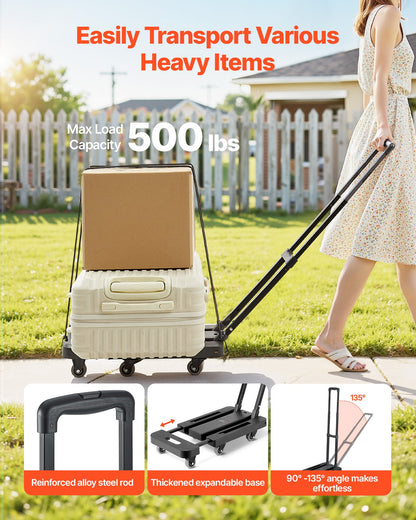 Folding Hand Truck, 226.8 kg Load Capacity, Collapsible Luggage Cart with 6 Wheels, 2 Elastic Ropes & Expandable Base, Utility Dolly Platform Cart for Airport Travel Luggage Office Moving, Black