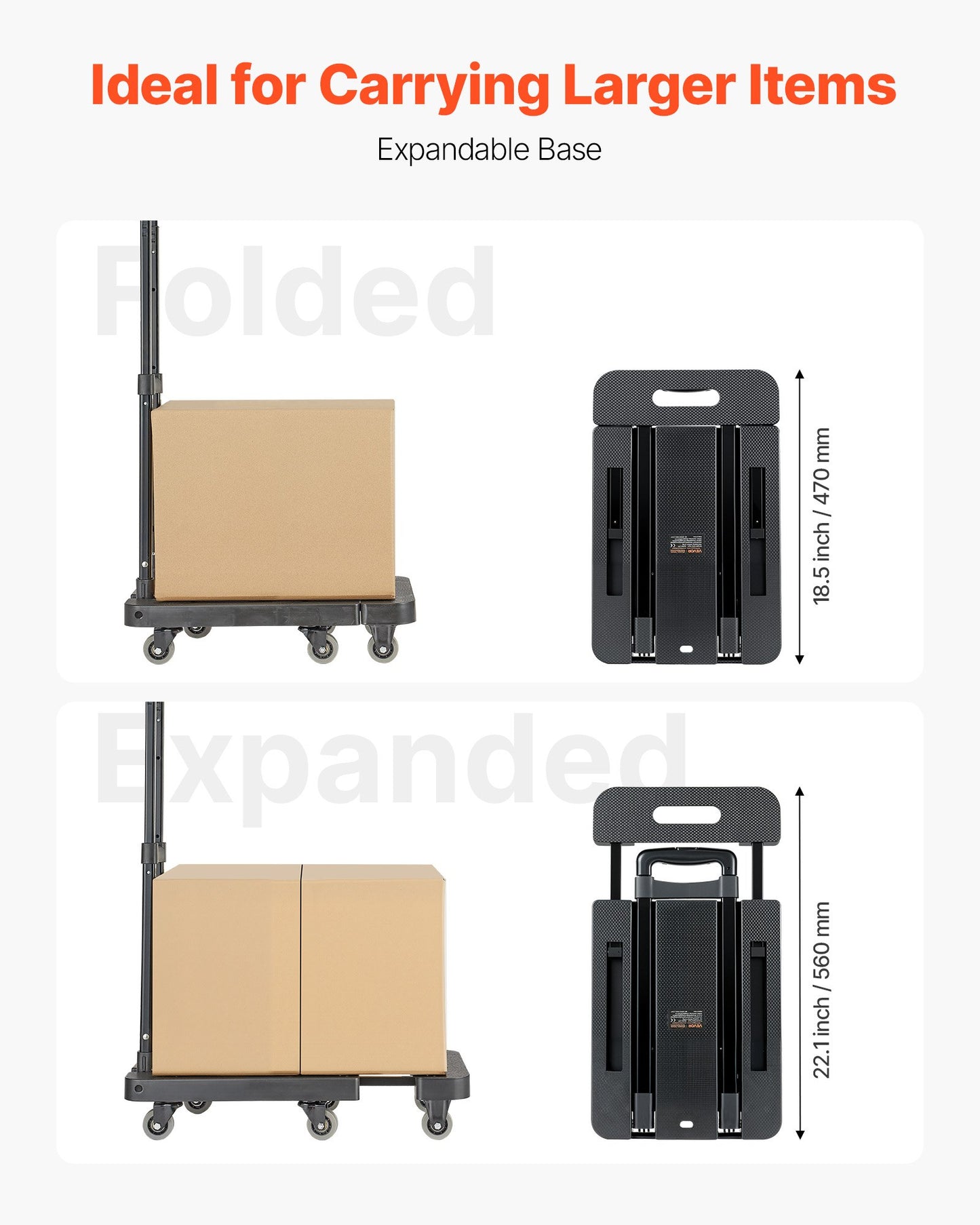 Folding Hand Truck, 226.8 kg Load Capacity, Collapsible Luggage Cart with 6 Wheels, 2 Elastic Ropes & Expandable Base, Utility Dolly Platform Cart for Airport Travel Luggage Office Moving, Black