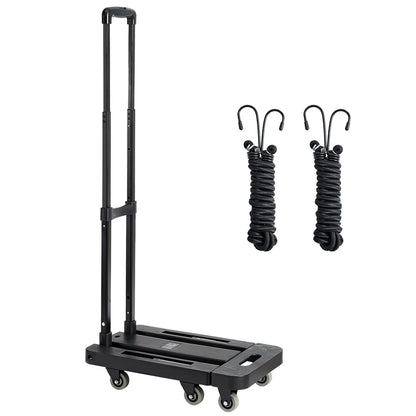 Folding Hand Truck, 226.8 kg Load Capacity, Collapsible Luggage Cart with 6 Wheels, 2 Elastic Ropes & Expandable Base, Utility Dolly Platform Cart for Airport Travel Luggage Office Moving, Black