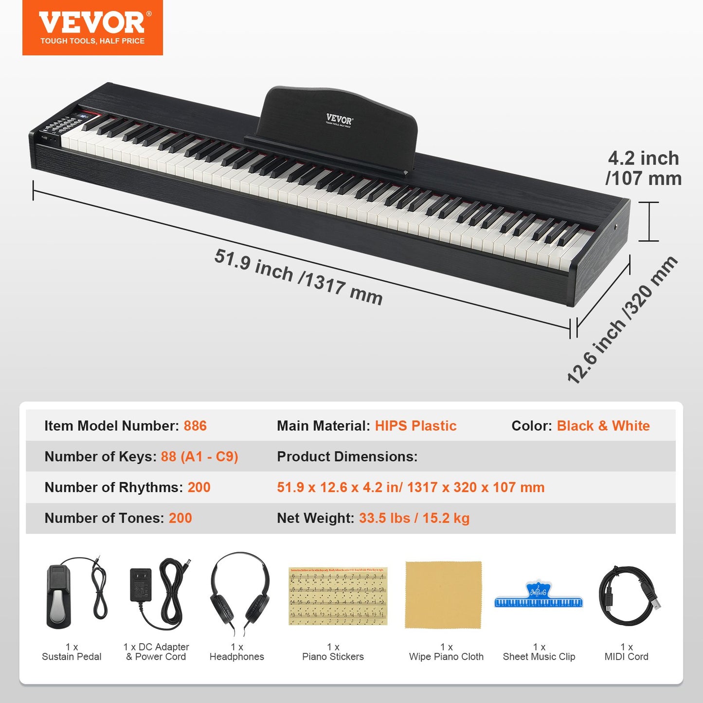 Gewichtetes Digitalpiano, 88 vollgewichtete Tasten, elektrisches Klavier mit zwei Tastaturen und Lautsprechern, Sustain-Pedal, Kopfhöreranschluss, 200 Klangfarben und Rhythmen, unterstützt Bluetooth/USB/MIDI, für Anfänger und Lehrer