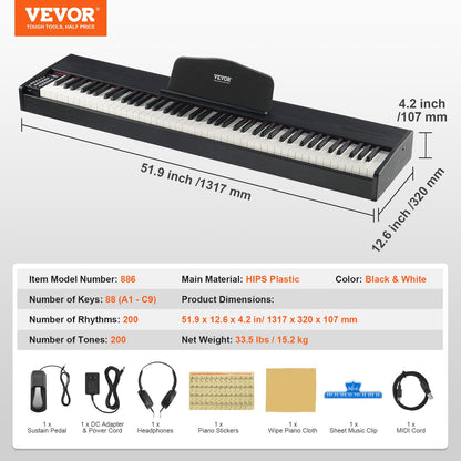 Gewichtetes Digitalpiano, 88 vollgewichtete Tasten, elektrisches Klavier mit zwei Tastaturen und Lautsprechern, Sustain-Pedal, Kopfhöreranschluss, 200 Klangfarben und Rhythmen, unterstützt Bluetooth/USB/MIDI, für Anfänger und Lehrer