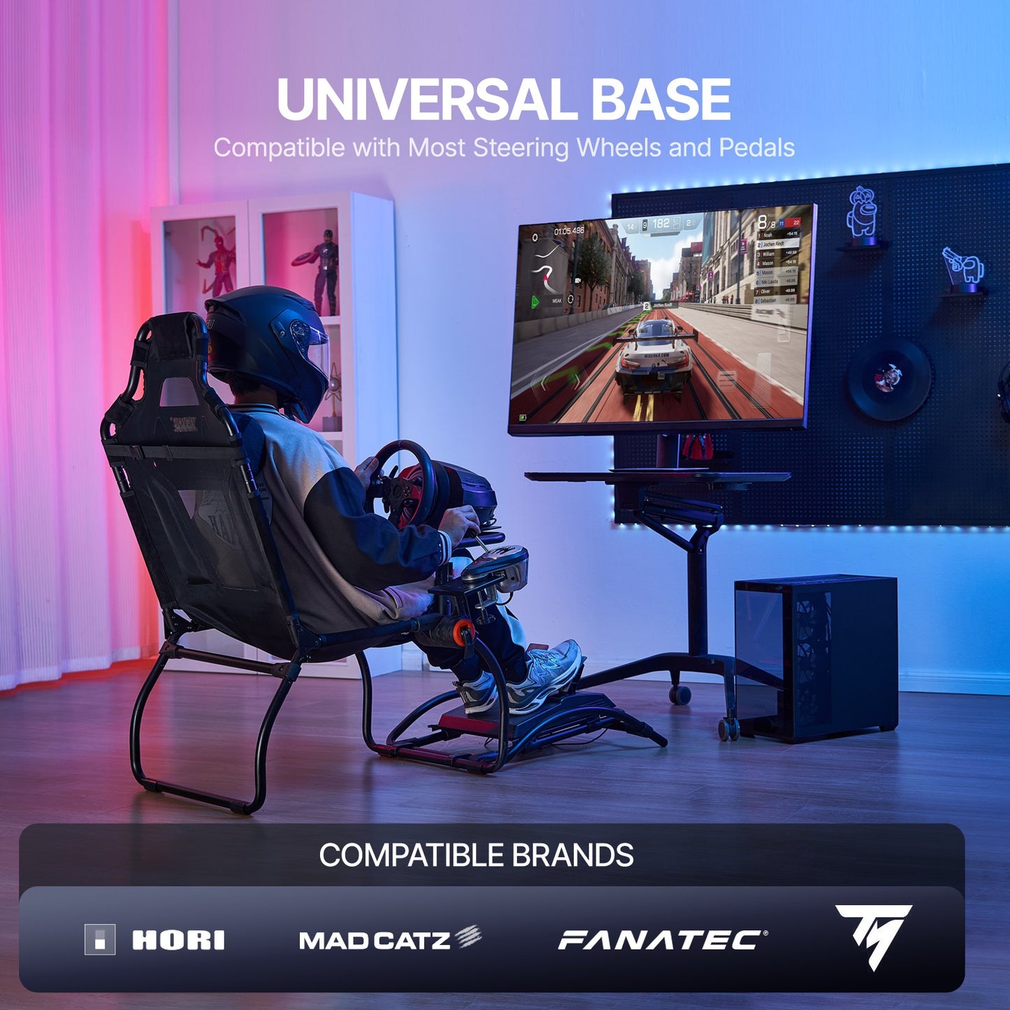 Zusammenklappbarer Rennlenkradständer für Logitech G923/G920/G29, Lenkradständer und Fußpedalwinkel verstellbar, tragbarer Fahrsimulator aus Stahl – Thrustmaster T248P, Fanatec, Hori, Compact