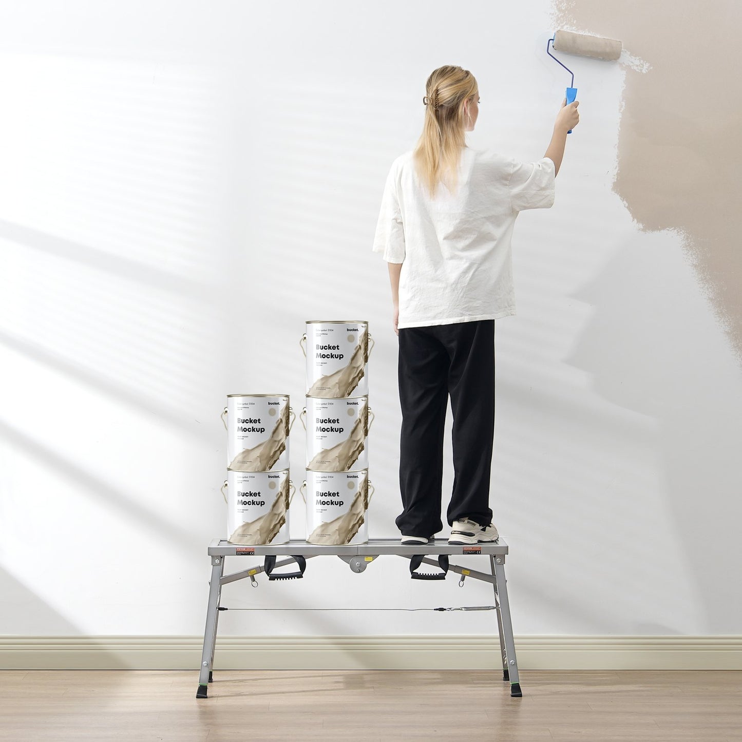 Arbeitsplattform, 3-fach höhenverstellbar, klappbare Trittleiter aus legiertem Stahl, tragbare Gerüstplattform, Tragkraft 181 kg, rutschfeste Gummifüße, Trockenbau-Malerhocker, zum Reinigen und Waschen