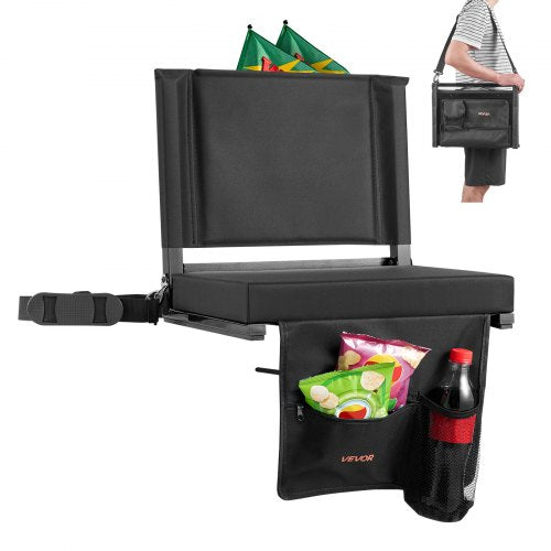Stadium Seat, Folding Bleacher Chair with Back Support and Thick Cushion, Padded Stadium Seat for Bleacher Includes Shoulder Strap, Hooks, Cup Holder, and Side Pocket, Black Bleachers Chair