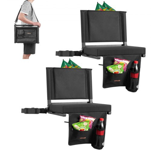 Stadium Seat, Folding Bleacher Seat with Back Support and Thick Cushion, Padded Stadium Seats for Bleacher Includes Shoulder Strap, Hooks, Cup Holder, and Side Pocket, Black Bleachers Chair