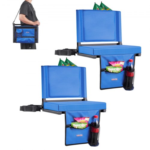 Stadium Seat, Folding Bleacher Seat with Back Support & Thick Cushion, Padded Stadium Seats for Bleacher Includes Shoulder Strap, Hooks, Cup Holder, and Side Pocket, Blue Bleachers Chair