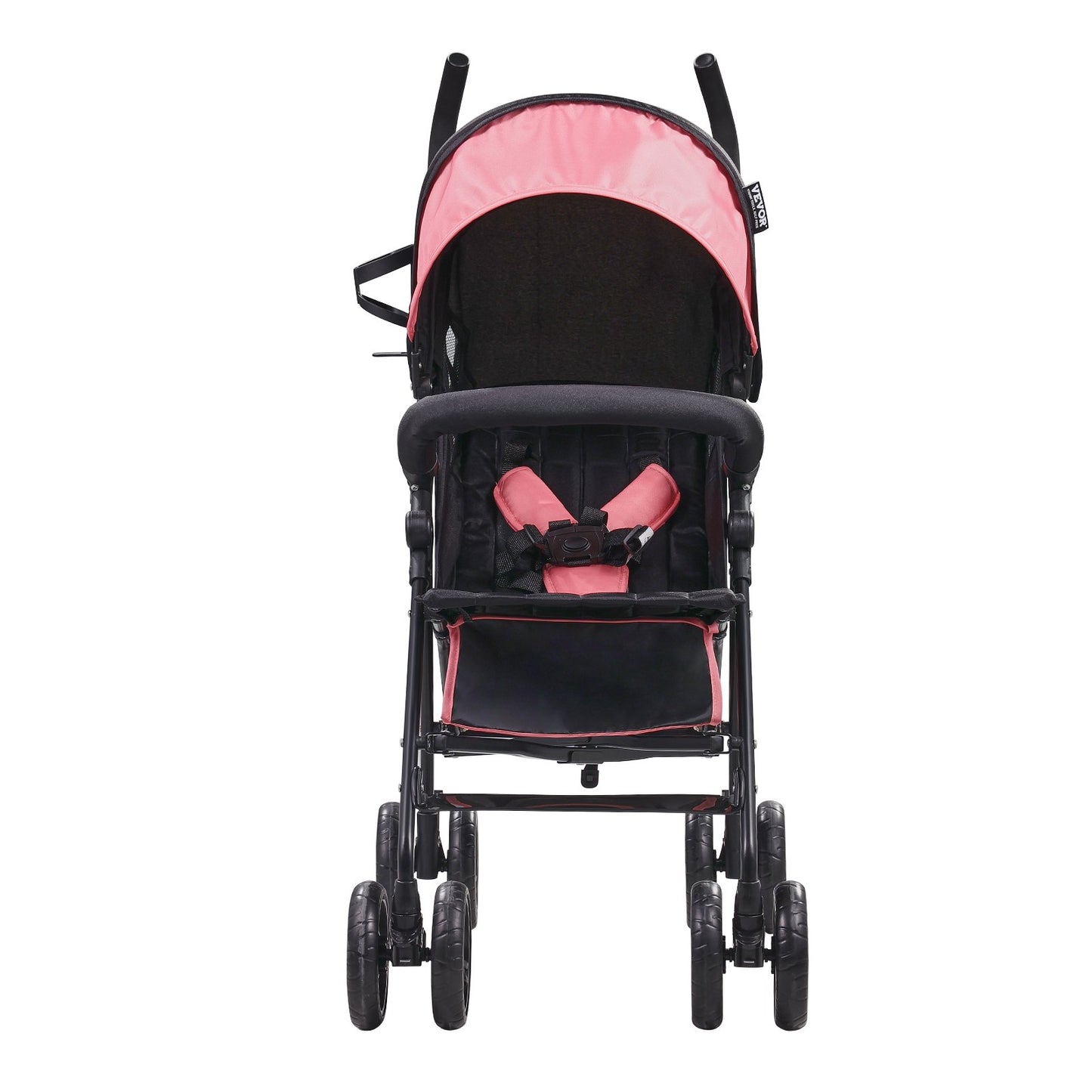 Leichter Buggy, kompakt und einfach zusammenklappbar, mehrfach verstellbare Rückenlehne, Rahmen aus Kohlenstoffstahl, großer Einkaufskorb, Regenschirmbuggy für Kleinkinder und Babys – ideal für Reisen und mehr, Schwarz/Rosa