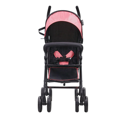Leichter Buggy, kompakt und einfach zusammenklappbar, mehrfach verstellbare Rückenlehne, Rahmen aus Kohlenstoffstahl, großer Einkaufskorb, Regenschirmbuggy für Kleinkinder und Babys – ideal für Reisen und mehr, Schwarz/Rosa
