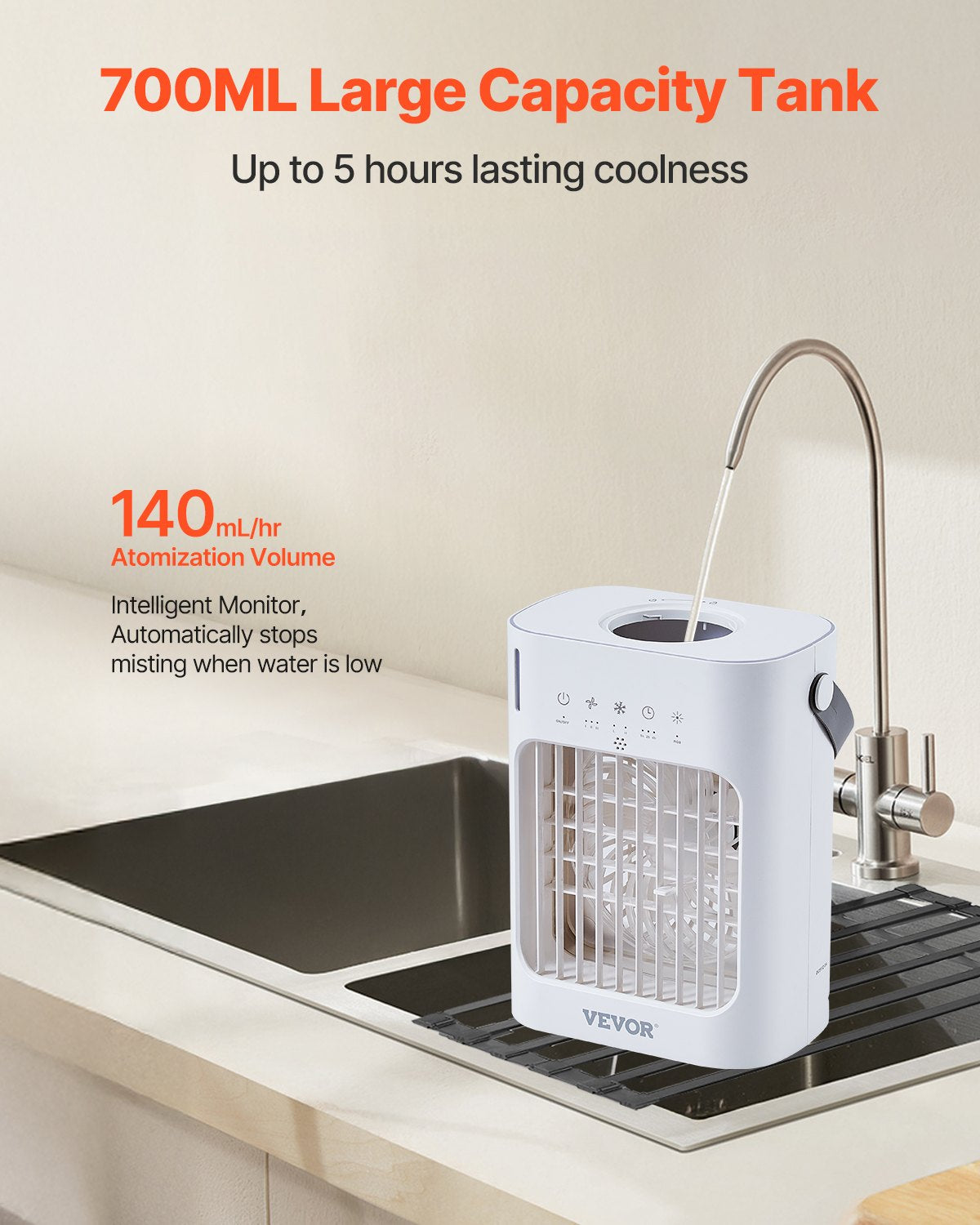 Portable Air Conditioner, 4-in-1 Evaporative Air Cooler, 3-Speed Mini Air Conditioner with 0-7H Smart Timer, 700ml Water Tank, 7-Color Light, Personal Mini Desk AC Fan for Bedroom Office Room