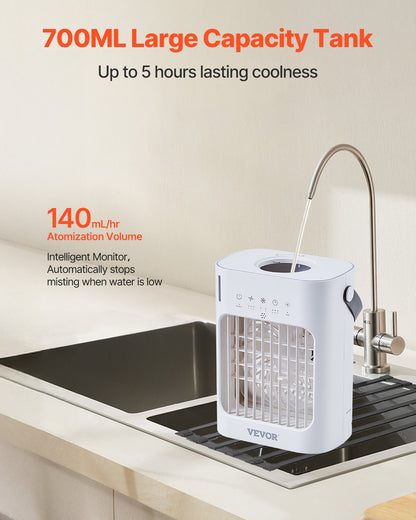 Portable Air Conditioner, 4-in-1 Evaporative Air Cooler, 3-Speed Mini Air Conditioner with 0-7H Smart Timer, 700ml Water Tank, 7-Color Light, Personal Mini Desk AC Fan for Bedroom Office Room