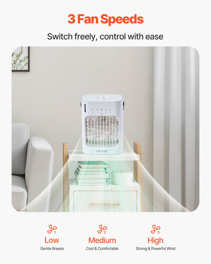 Portable Air Conditioner, 4-in-1 Evaporative Air Cooler, 3-Speed Mini Air Conditioner with 0-7H Smart Timer, 700ml Water Tank, 7-Color Light, Personal Mini Desk AC Fan for Bedroom Office Room