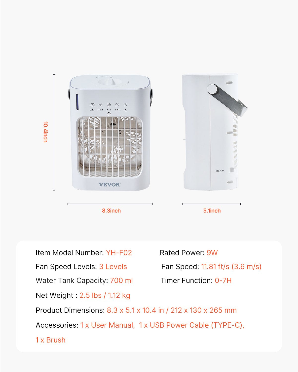 Portable Air Conditioner, 4-in-1 Evaporative Air Cooler, 3-Speed Mini Air Conditioner with 0-7H Smart Timer, 700ml Water Tank, 7-Color Light, Personal Mini Desk AC Fan for Bedroom Office Room