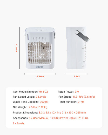 Portable Air Conditioner, 4-in-1 Evaporative Air Cooler, 3-Speed Mini Air Conditioner with 0-7H Smart Timer, 700ml Water Tank, 7-Color Light, Personal Mini Desk AC Fan for Bedroom Office Room