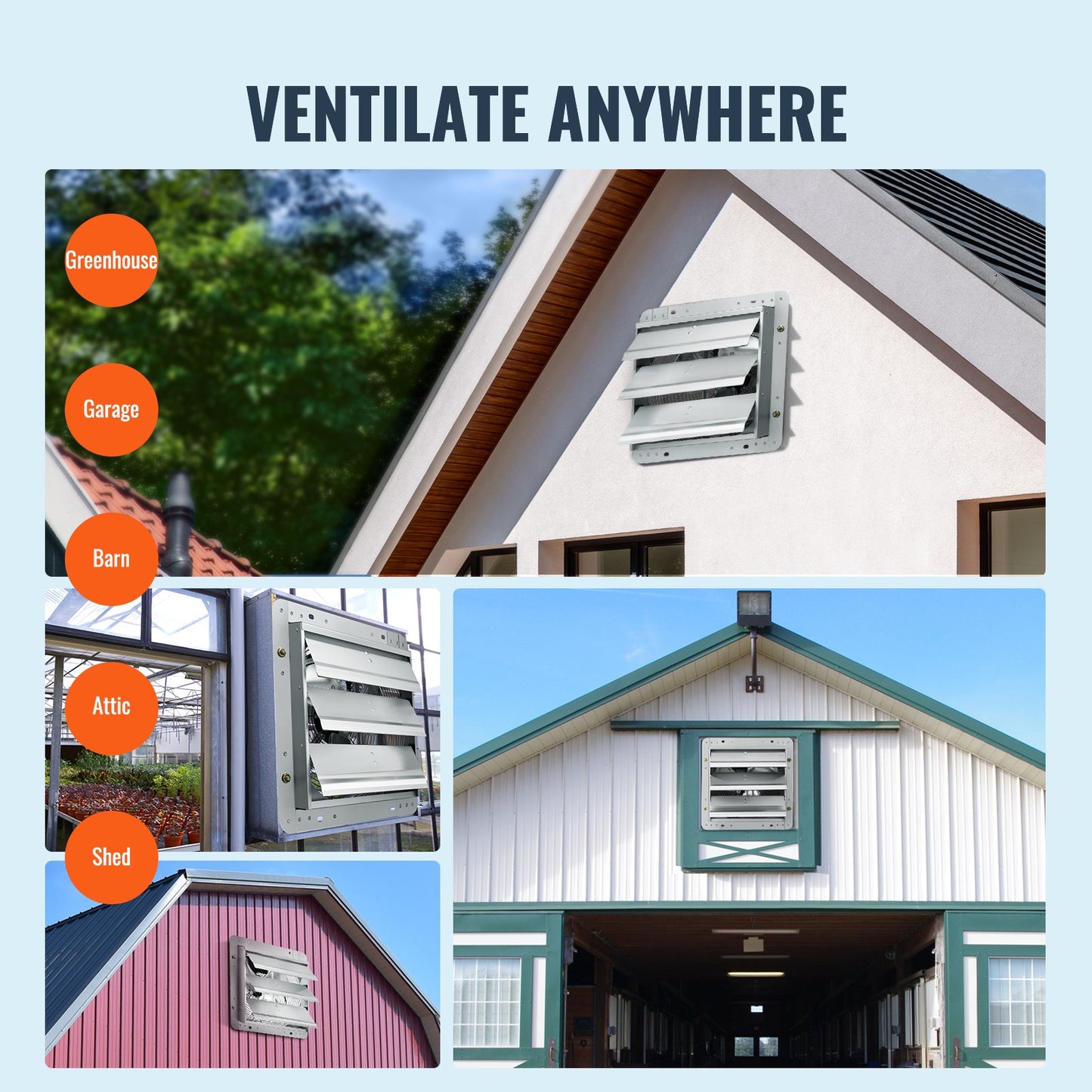 Jalousie-Abluftventilator, 254 mm, Hochgeschwindigkeits-Dachbodenventilator mit 1400 U/min und 753 CFM, Aluminium-Wandmontage, mit Wechselstrommotor, Belüftung und Kühlung für Gewächshäuser, Garagen, Schuppen und Werkstätten
