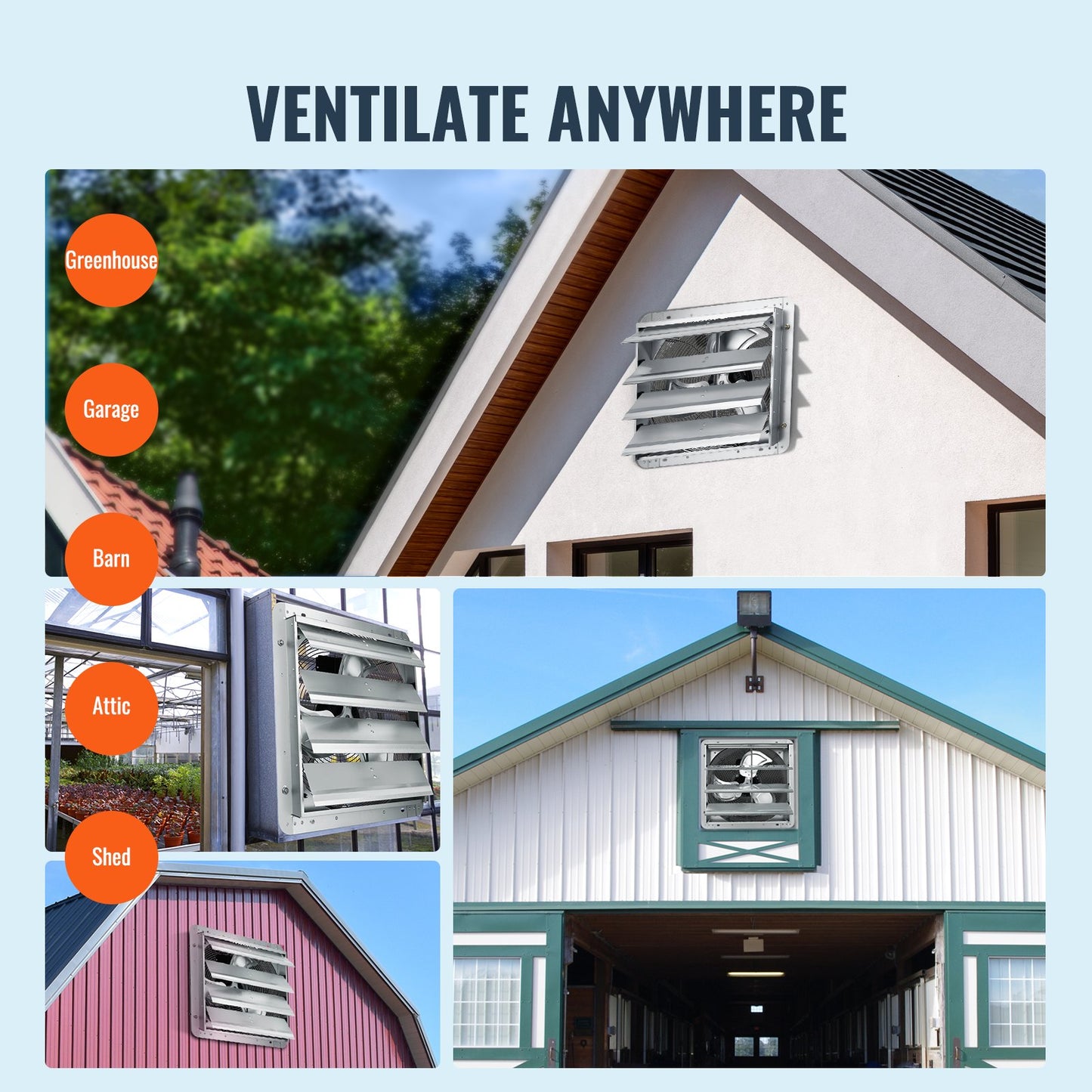 Jalousie-Abluftventilator, 406 mm, Hochgeschwindigkeits-Dachbodenventilator mit 1400 U/min und 2000 CFM, Aluminium-Wandmontage, mit Wechselstrommotor, Belüftung und Kühlung für Gewächshäuser, Garagen, Schuppen und Werkstätten