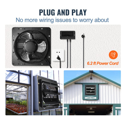 Shutter Exhaust Fan, 254mm with Temperature Humidity Controller, EC-motor, 843 CFM, Variable Speed Adjustable Wall Mount Attic Fan, Ventilation and Cooling for Greenhouses, Garages, Sheds