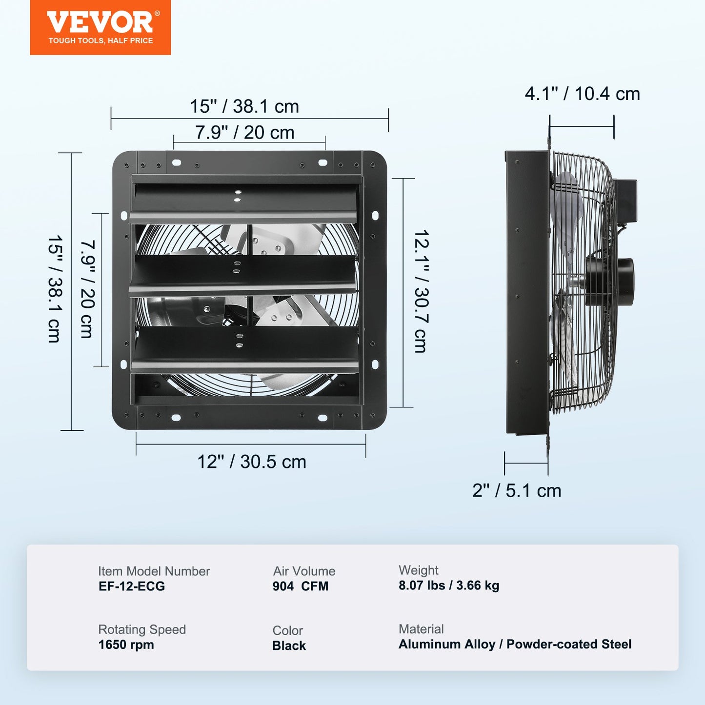 Jalousie-Abluftventilator, 305 mm mit Temperatur- und Feuchtigkeitsregler, EC-Motor, 904 CFM, drehzahlverstellbarer Wandventilator für Dachböden, Belüftung und Kühlung für Gewächshäuser, Garagen, Schuppen