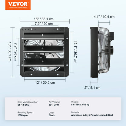 Jalousie-Abluftventilator, 305 mm mit Temperatur- und Feuchtigkeitsregler, EC-Motor, 904 CFM, drehzahlverstellbarer Wandventilator für Dachböden, Belüftung und Kühlung für Gewächshäuser, Garagen, Schuppen
