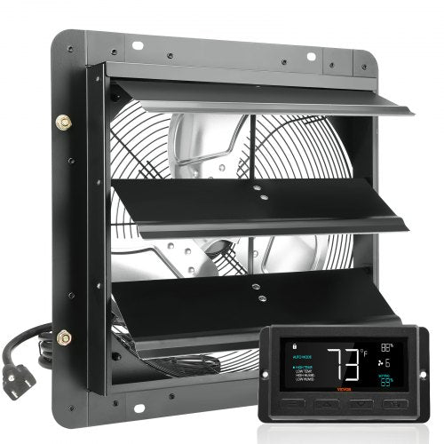 Jalousie-Abluftventilator, 356 mm mit Temperatur- und Feuchtigkeitsregler, EC-Motor, 1024 CFM, drehzahlverstellbarer Wandventilator für Dachböden, Belüftung und Kühlung für Gewächshäuser, Garagen, Schuppen