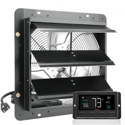 Jalousie-Abluftventilator, 356 mm mit Temperatur- und Feuchtigkeitsregler, EC-Motor, 1024 CFM, drehzahlverstellbarer Wandventilator für Dachböden, Belüftung und Kühlung für Gewächshäuser, Garagen, Schuppen