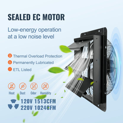 Jalousie-Abluftventilator, 356 mm mit Temperatur- und Feuchtigkeitsregler, EC-Motor, 1024 CFM, drehzahlverstellbarer Wandventilator für Dachböden, Belüftung und Kühlung für Gewächshäuser, Garagen, Schuppen