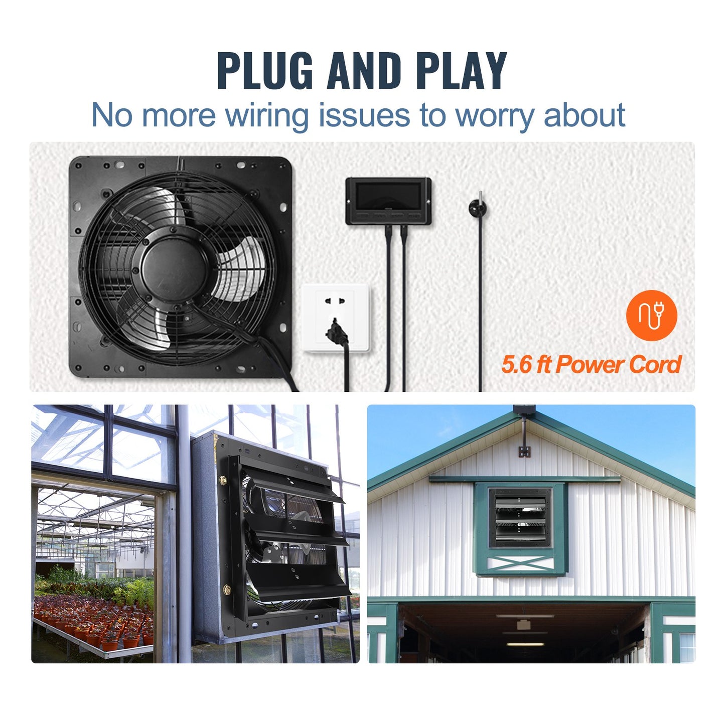 Jalousie-Abluftventilator, 356 mm mit Temperatur- und Feuchtigkeitsregler, EC-Motor, 1024 CFM, drehzahlverstellbarer Wandventilator für Dachböden, Belüftung und Kühlung für Gewächshäuser, Garagen, Schuppen