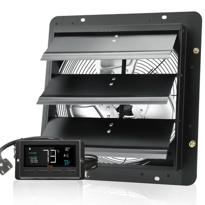 Jalousie-Abluftventilator, 356 mm mit Temperatur- und Feuchtigkeitsregler, EC-Motor, 1024 CFM, drehzahlverstellbarer Wandventilator für Dachböden, Belüftung und Kühlung für Gewächshäuser, Garagen, Schuppen