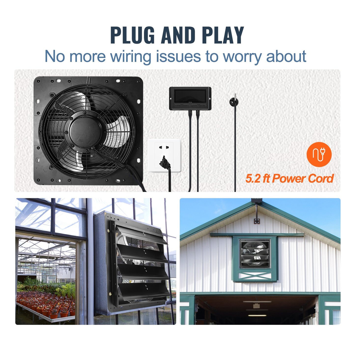 Jalousie-Abluftventilator, 406 mm mit Temperatur- und Feuchtigkeitsregler, EC-Motor, 1747 CFM, drehzahlverstellbarer Wandventilator für Dachböden, Belüftung und Kühlung für Gewächshäuser, Garagen, Schuppen